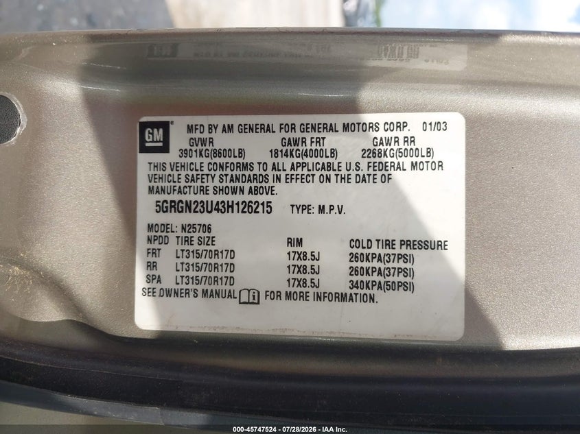 2003 Hummer H2 VIN 5GRGN23U43H126215 IAAI salvage auction — NORMAL WEAR, Clear (Tennessee), sold $8,200 on 2026-08-20 (photo 9)