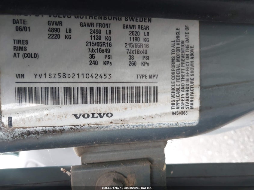 2001 Volvo V70 VIN YV1SZ58D211042453 IAAI salvage auction — NORMAL WEAR, Clear (Virginia), sold $325 on 2026-08-04 (photo 9)