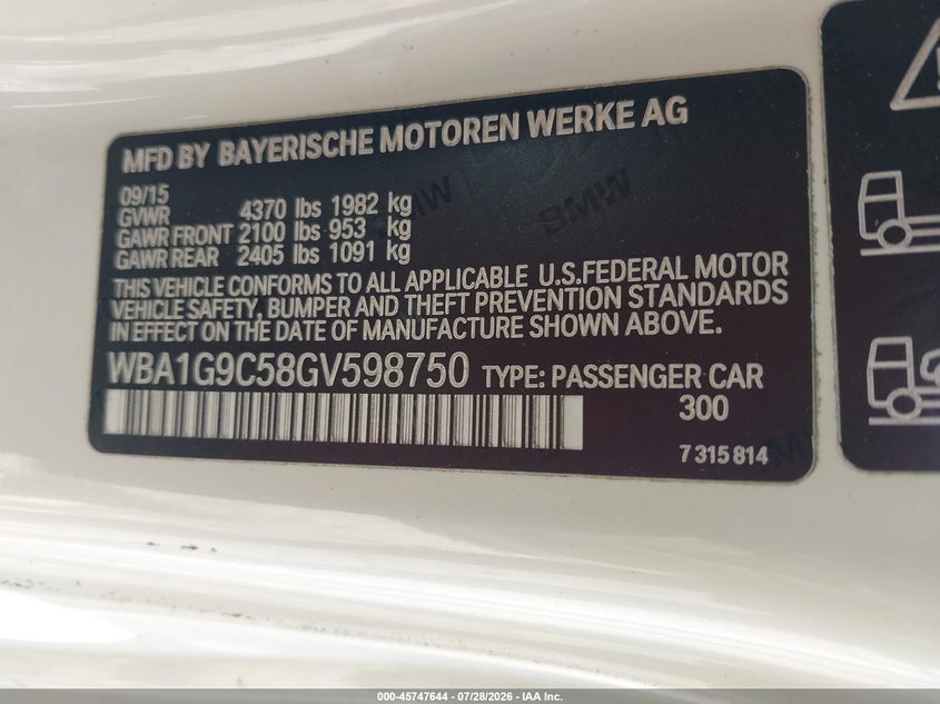 2016 BMW 2 series VIN WBA1G9C58GV598750 IAAI salvage auction — NORMAL WEAR, Clear (Florida), sold $25 on 2026-08-05 (photo 9)