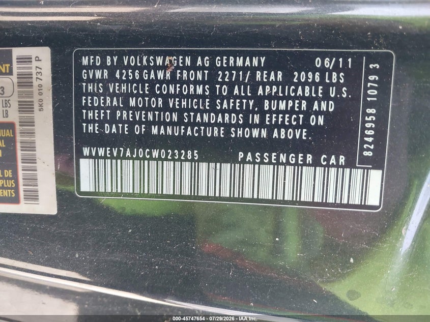 2012 Volkswagen Gti VIN WVWEV7AJ0CW023285 IAAI salvage auction — NORMAL WEAR, Clear (Texas), sold $625 on 2026-08-13 (photo 9)