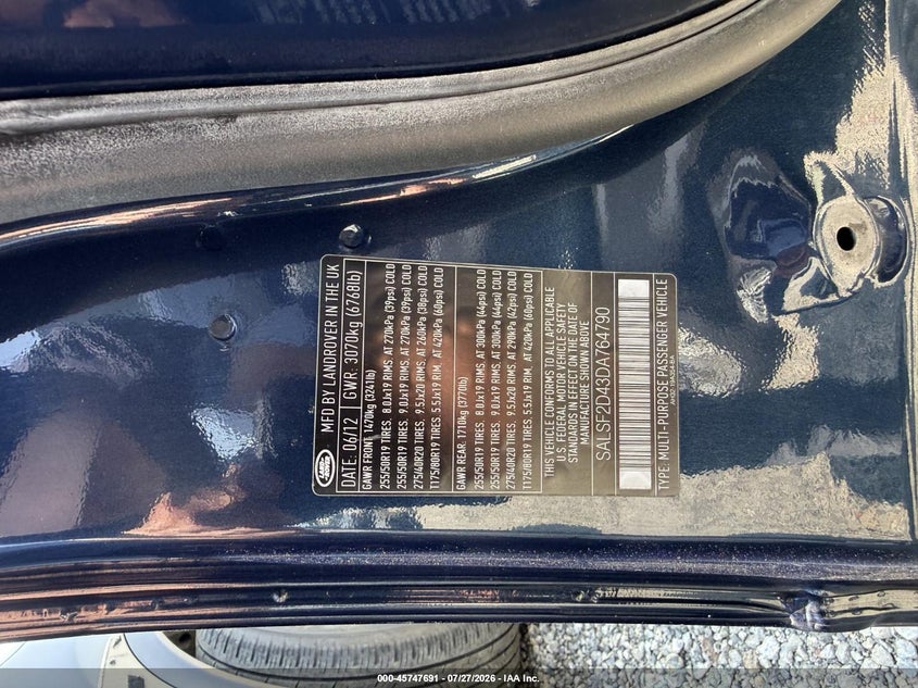 2013 Land rover Range rover sport VIN SALSF2D43DA764790 IAAI salvage auction — MECHANICAL, Salvage Title, sold $900 on 2026-09-08 (photo 9)