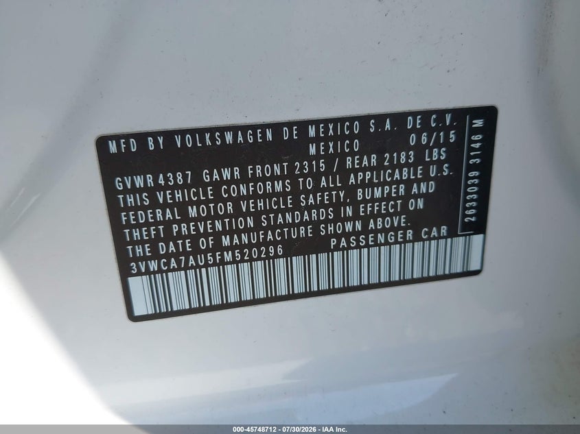 2015 Volkswagen Golf sportsvan VIN 3VWCA7AU5FM520296 IAAI salvage auction — SIDE, Wait Title, sold $2,650 on 2026-08-12 (photo 9)
