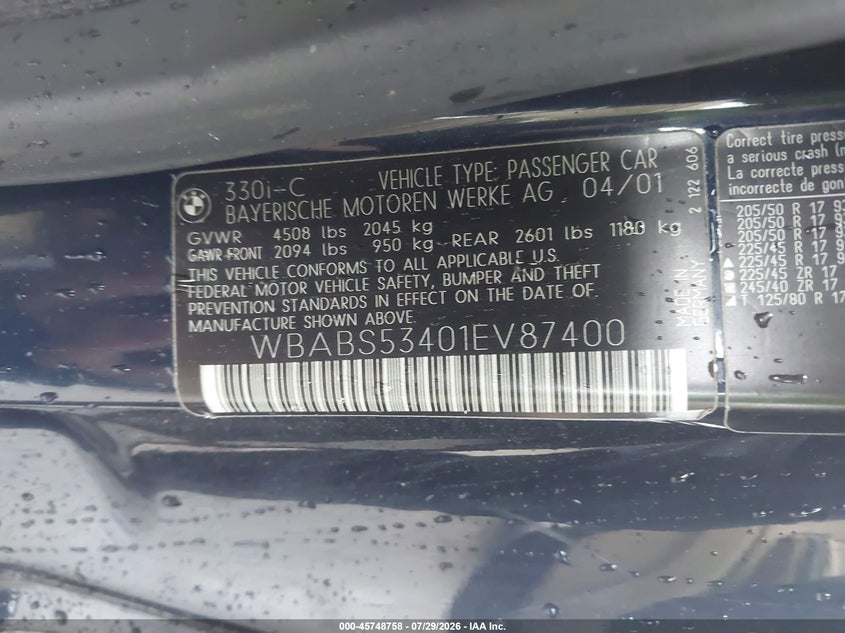 2001 BMW 3 series VIN WBABS53401EV87400 IAAI salvage auction — UNKNOWN, Clear (Massachusetts), sold $1,025 on 2026-08-07 (photo 9)