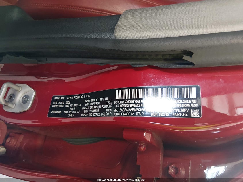 2021 Alfa romeo Stelvio VIN ZASPAJAN8M7C98619 IAAI salvage auction — REAR END, Salvage Title, sold $5,600 on 2026-08-09 (photo 9)