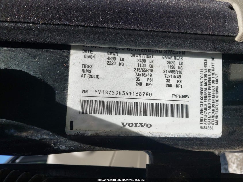 2004 Volvo Xc70 VIN YV1SZ59H341168780 IAAI salvage auction — NORMAL WEAR, Clear (New York), sold $325 on 2026-08-06 (photo 9)