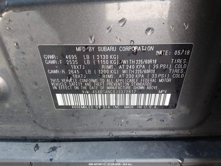2018 Subaru Outback VIN 4S4BSANC0J3372817 IAAI salvage auction — SIDE, Clear (Indiana), sold $7,400 on 2026-08-27 (photo 9)