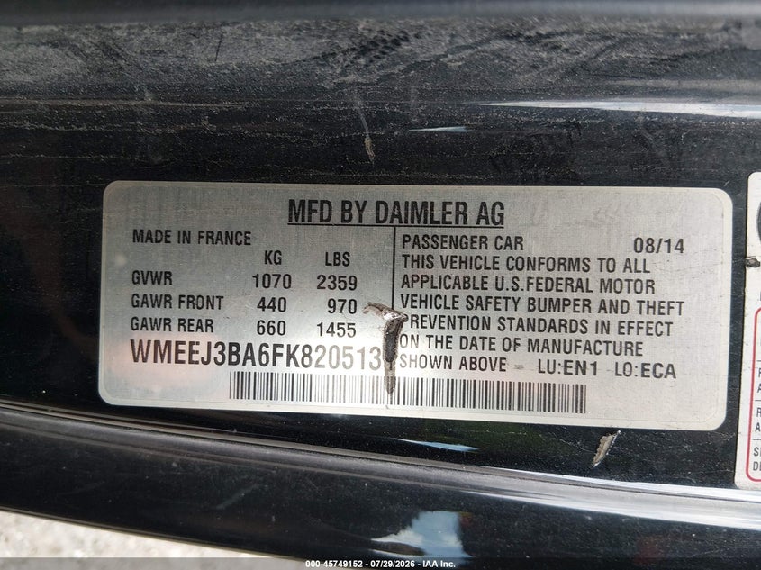 2015 Smart Fortwo VIN WMEEJ3BA6FK820513 IAAI salvage auction — NORMAL WEAR, Clear (New Jersey), sold $825 on 2026-09-03 (photo 9)