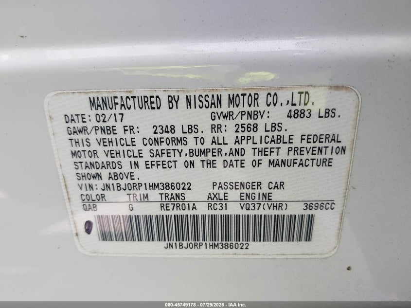 2017 Infiniti Qx50 VIN JN1BJ0RP1HM386022 IAAI salvage auction — LEFT SIDE, Wait Title, sold $3,250 on 2026-09-11 (photo 9)