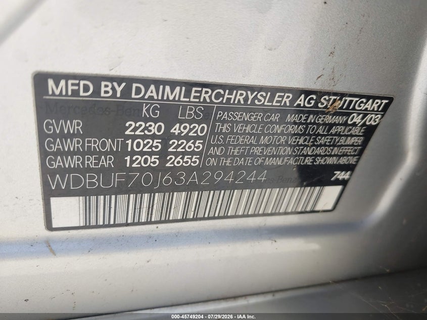 2003 Mercedes-benz E-class VIN WDBUF70J63A294244 IAAI salvage auction — FRONT END, Clear - Dealer Only (California), sold $500 on 2026-08-19 (photo 9)