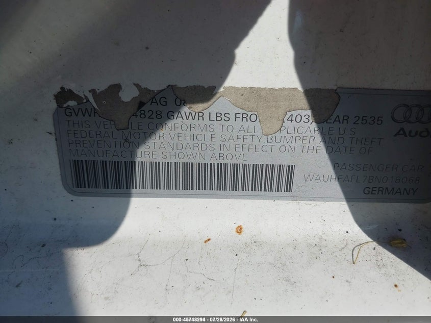 2011 Audi A4 VIN WAUHFAFL7BN018068 IAAI salvage auction — Burn Engine, Salvage - Greater Than 75% (Maryland), sold $300 on 2026-07-31 (photo 9)