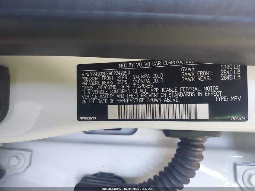 2012 Volvo Xc60 VIN YV4902DZ8C2242293 IAAI salvage auction — NORMAL WEAR, Clear (New York), sold $1,000 on 2026-08-05 (photo 9)