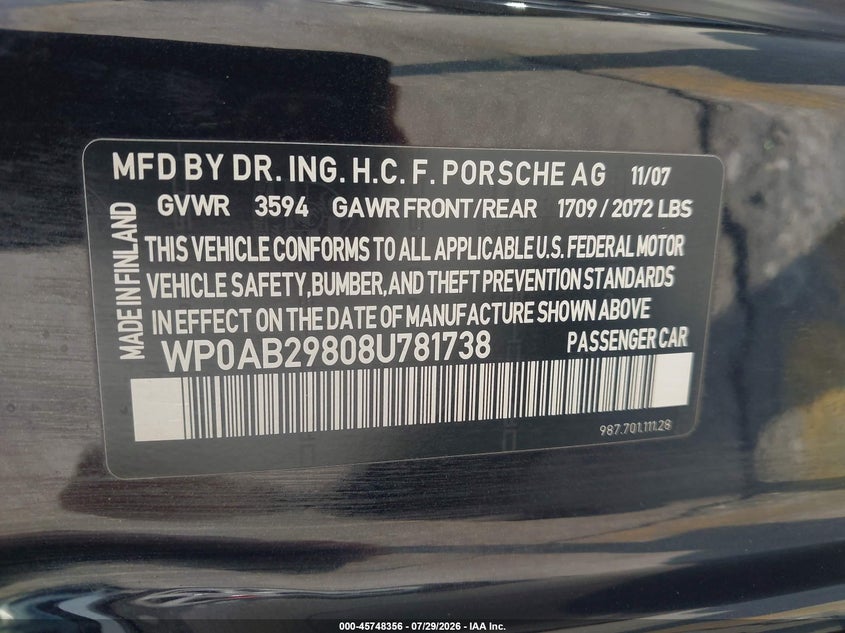 2008 Porsche Cayman VIN WP0AB29808U781738 IAAI salvage auction — FRONT END, Rebuildable (Florida), sold $6,500 on 2026-08-08 (photo 9)