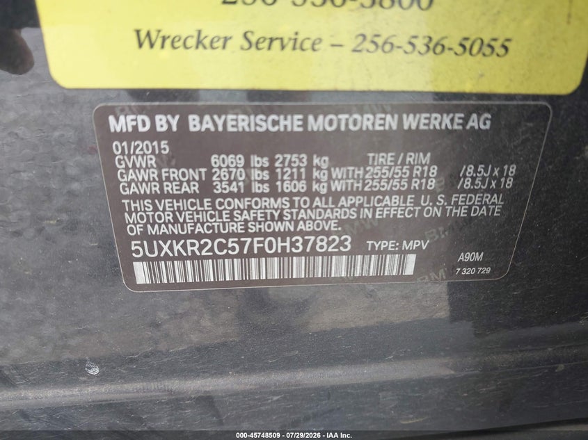 2015 BMW X5 VIN 5UXKR2C57F0H37823 IAAI salvage auction — FRONT & REAR, Salvage Title, sold $1,575 on 2026-08-29 (photo 9)