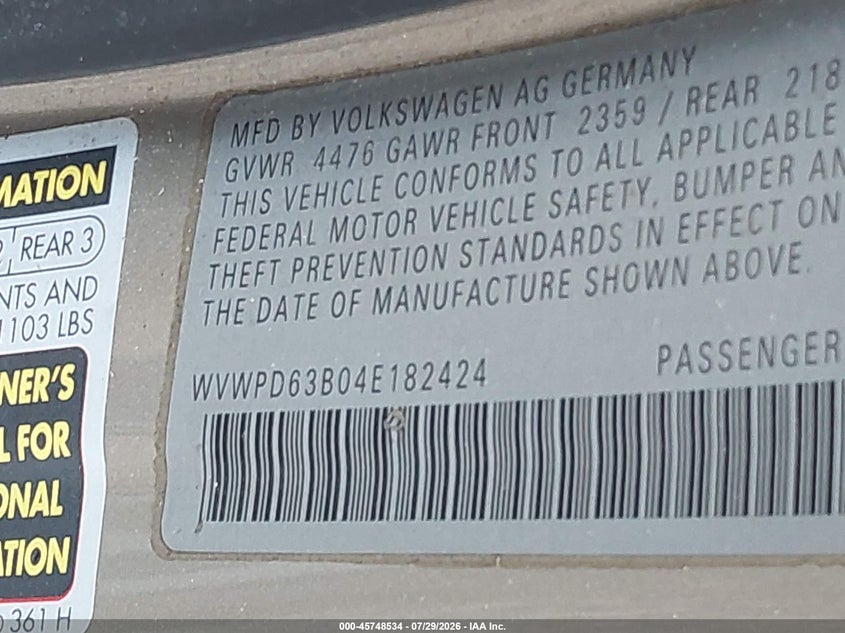 2004 Volkswagen Passat VIN WVWPD63B04E182424 IAAI salvage auction — NORMAL WEAR, Clear (New York), sold $425 on 2026-08-04 (photo 9)
