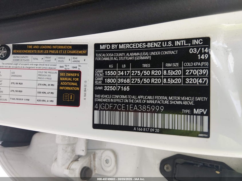 2014 Mercedes-benz Gl-klasse VIN 4JGDF7CE1EA385999 IAAI salvage auction — FRONT END, Original (Texas), sold $2,900 on 2026-09-05 (photo 9)