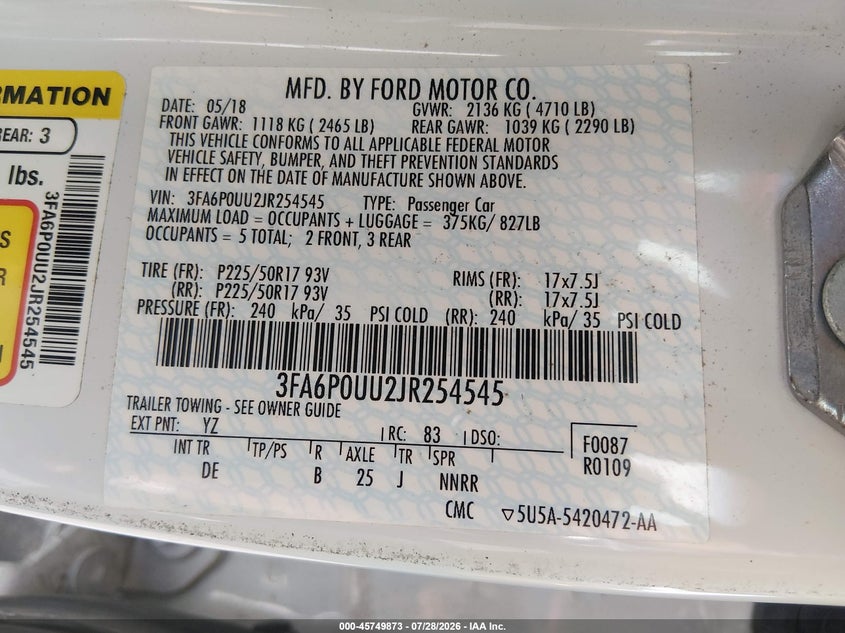 2018 Ford Fusion VIN 3FA6P0UU2JR254545 IAAI salvage auction — NORMAL WEAR, Sf97 (Washington), sold $8,550 on 2026-09-03 (photo 9)