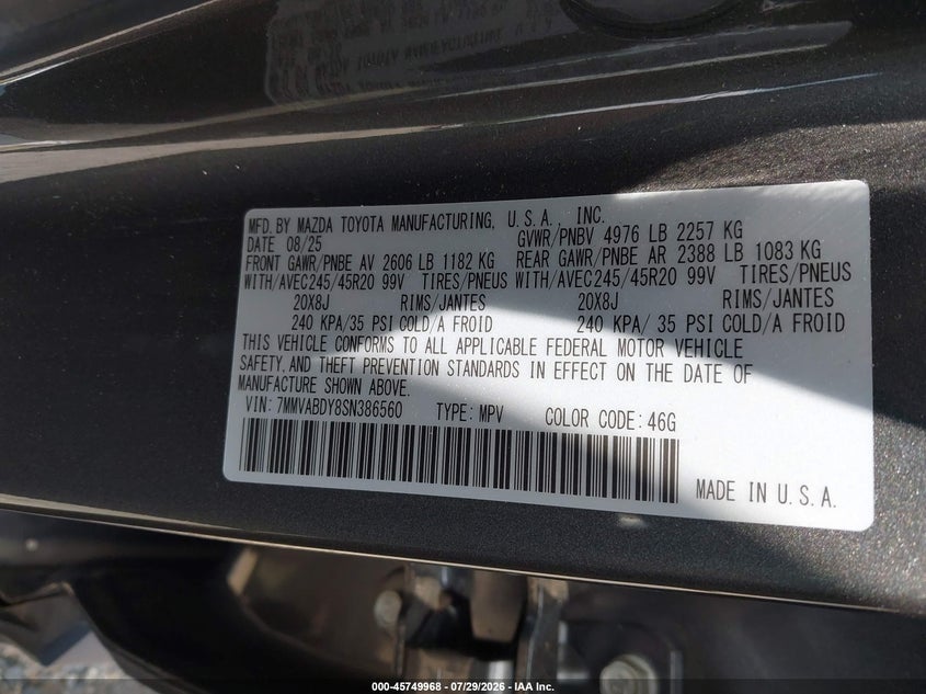 2025 Mazda CX-50 VIN 7MMVABDY8SN386560 IAAI salvage auction — RIGHT SIDE, Wait Title, sold $6,925 on 2026-09-22 (photo 9)