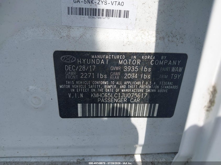 2018 Hyundai Ioniq hybrid VIN KMHC65LC1JU075617 IAAI salvage auction — NORMAL WEAR, Sf97 (Virginia), sold $11,900 on 2026-08-19 (photo 9)