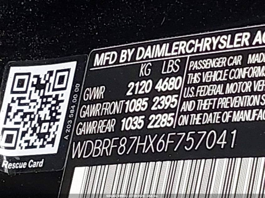 2006 Mercedes-benz C class VIN WDBRF87HX6F757041 IAAI salvage auction — NORMAL WEAR, Clear (New York), sold $475 on 2026-08-11 (photo 9)