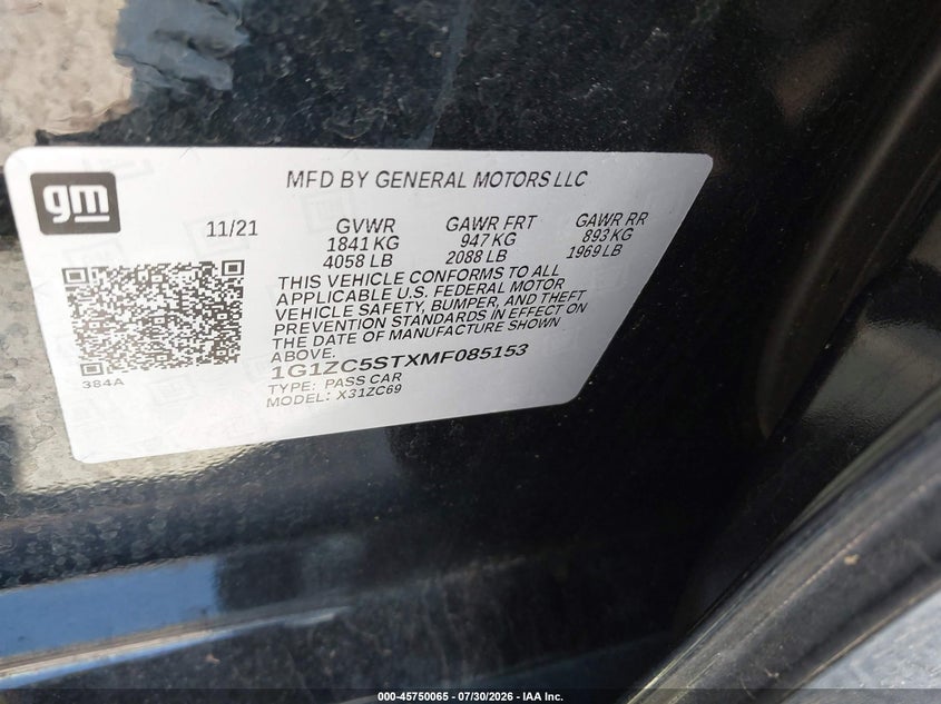 2021 Chevrolet Malibu VIN 1G1ZC5STXMF085153 IAAI salvage auction — FRONT END, Clear (Washington), sold $9,525 on 2026-08-19 (photo 9)