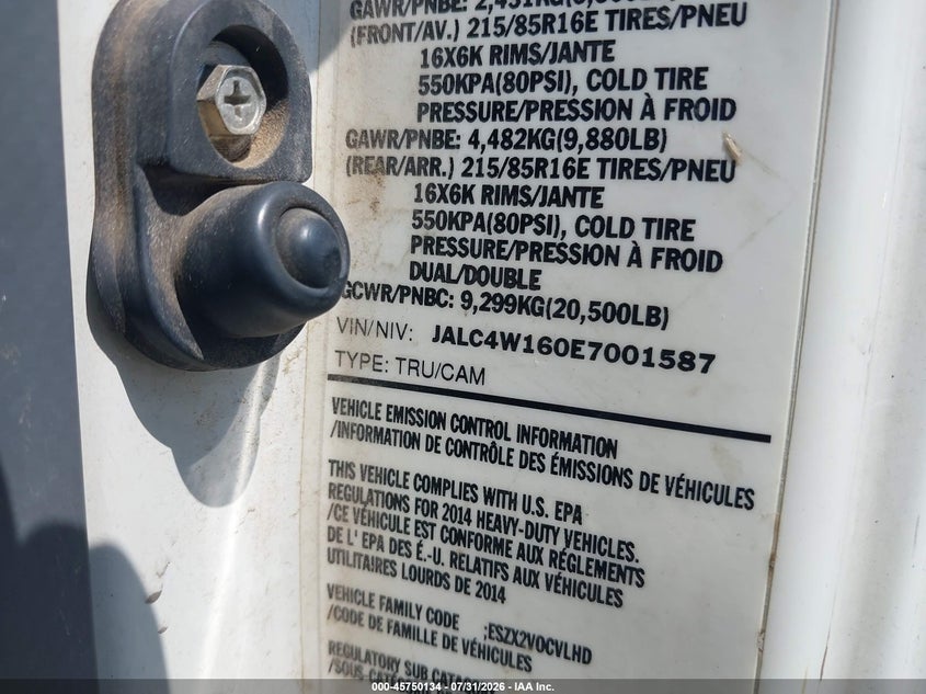 2014 Isuzu VIN JALC4W160E7001587 IAAI salvage auction — NORMAL WEAR, Wait Title, sold $3,675 on 2026-10-09 (photo 8)