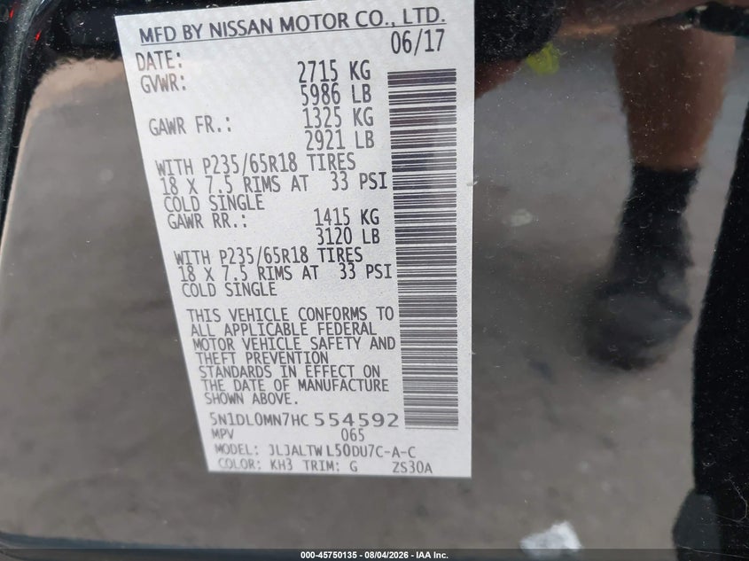 2017 Infiniti Qx60 VIN 5N1DL0MN7HC554592 IAAI salvage auction — NORMAL WEAR, Original (Texas), sold $2,000 on 2026-08-25 (photo 9)