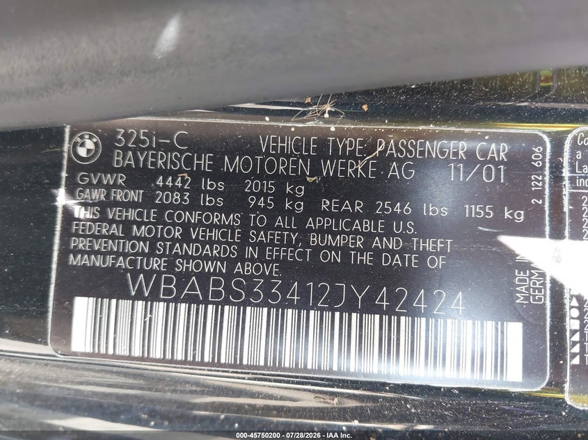 2002 BMW 3 series VIN WBABS33412JY42424 IAAI salvage auction — NORMAL WEAR, Clear (Virginia), sold $725 on 2026-08-19 (photo 9)