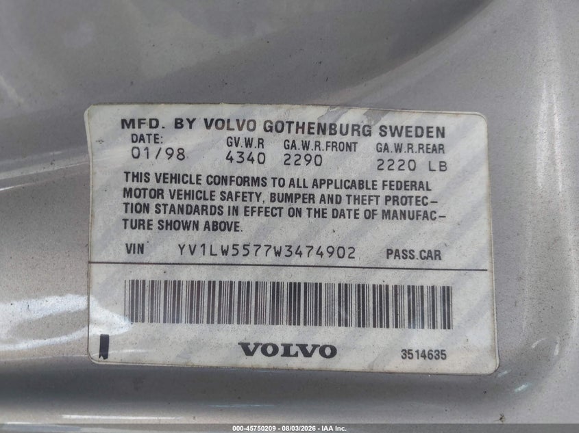 1998 Volvo V70 VIN YV1LW5577W3474902 IAAI salvage auction — NORMAL WEAR, Clear (Virginia), sold $200 on 2026-08-11 (photo 9)