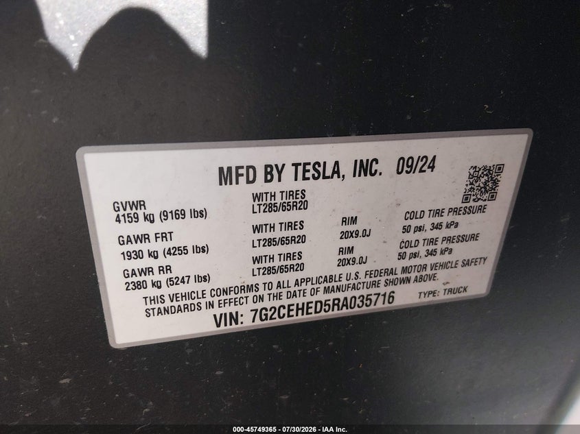 2024 Tesla Cybertruck VIN 7G2CEHED5RA035716 IAAI salvage auction — SIDE, Salvage - Greater Than 75% (Maryland), sold $28,700 on 2026-09-24 (photo 9)