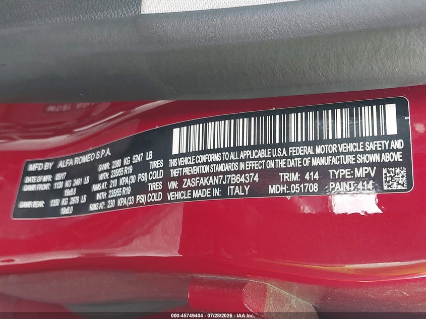 2018 Alfa romeo Stelvio VIN ZASFAKAN7J7B64374 IAAI salvage auction — FRONT END, Salvage (Texas), sold $1,300 on 2026-08-06 (photo 9)