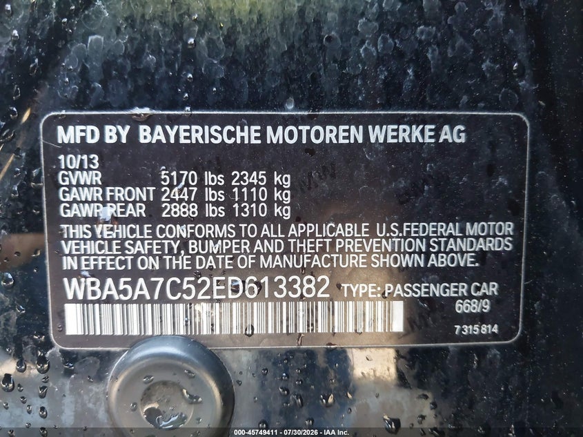 2014 BMW 5er VIN WBA5A7C52ED613382 IAAI salvage auction — ENGINE BURN, Salvage Title, sold $825 on 2026-09-03 (photo 9)