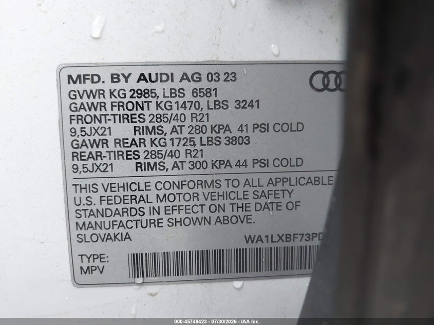 2023 Audi Q7 VIN WA1LXBF73PD016960 IAAI salvage auction — SIDE, Salvage (Maine), sold $21,400 on 2026-09-06 (photo 9)