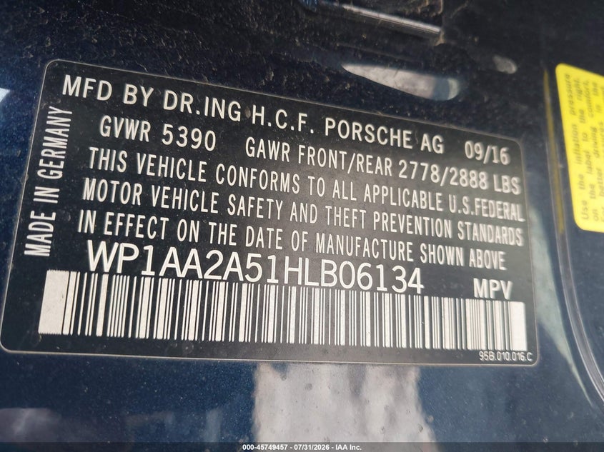 2017 Porsche Macan VIN WP1AA2A51HLB06134 IAAI salvage auction — FRONT END, Salvage Title, sold $6,825 on 2026-09-06 (photo 9)