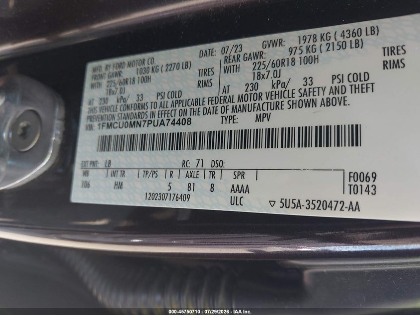 2023 Ford Escape VIN 1FMCU0MN7PUA74408 IAAI salvage auction — RIGHT SIDE, Salvage Title, sold $8,725 on 2026-08-20 (photo 9)