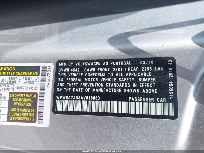 2010 Volkswagen Eos VIN WVWBA7AH3AV018063 IAAI salvage auction — NORMAL WEAR, Original (Ohio), sold $25 on 2026-08-11 (photo 9)