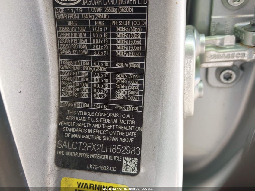 2020 Land rover Discovery sport VIN SALCT2FX2LH852983 IAAI salvage auction — FRONT END, Salvage Title, sold $6,375 on 2026-08-22 (photo 9)