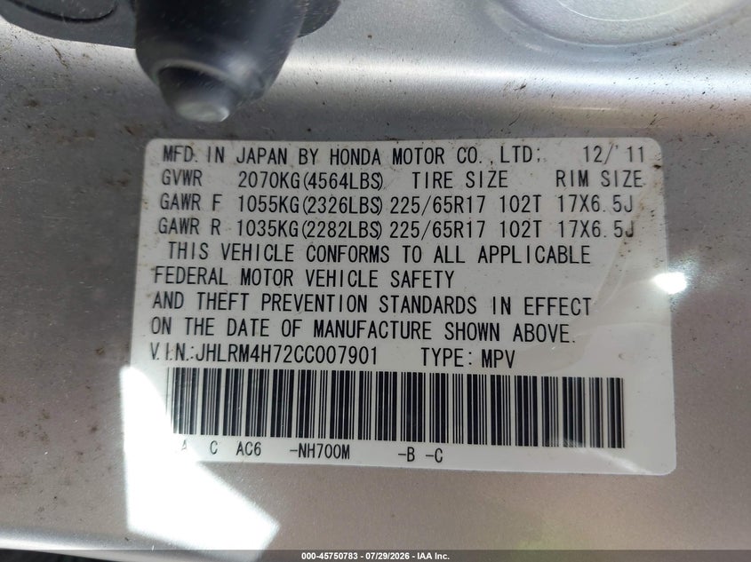 2012 Honda Cr-v VIN JHLRM4H72CC007901 IAAI salvage auction — SIDE, Wait Title, sold $2,950 on 2026-08-08 (photo 9)