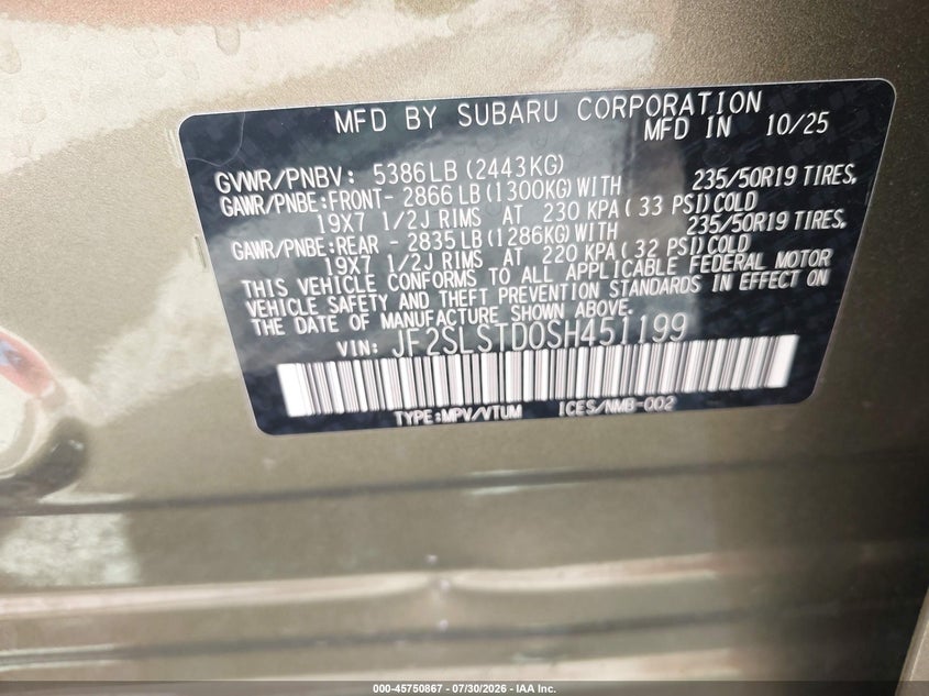2025 Subaru Forester VIN JF2SLSTD0SH451199 IAAI salvage auction — SIDE, Salvage Title, sold $12,100 on 2026-08-23 (photo 9)