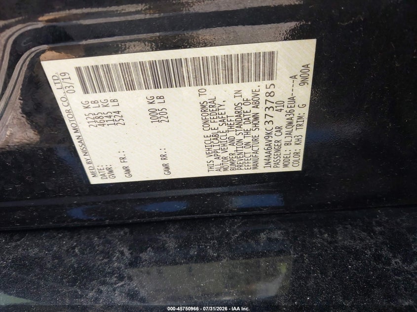 2019 Nissan Maxima VIN 1N4AA6AV9KC373785 IAAI salvage auction — FRONT END, Wait Title, sold $1,500 on 2026-09-26 (photo 9)