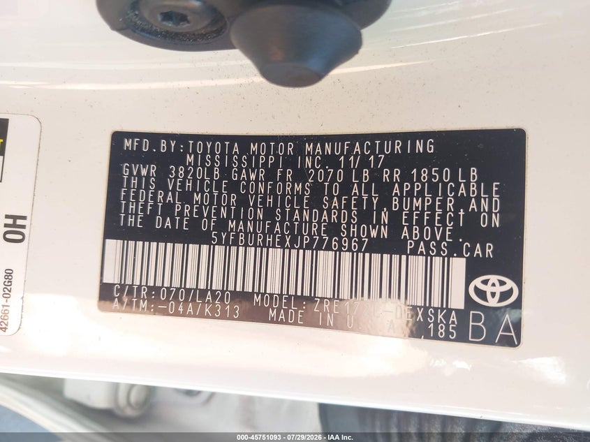 2018 Toyota Corolla VIN 5YFBURHEXJP776967 IAAI salvage auction — LEFT SIDE, Wait Title, sold $5,100 on 2026-08-20 (photo 9)