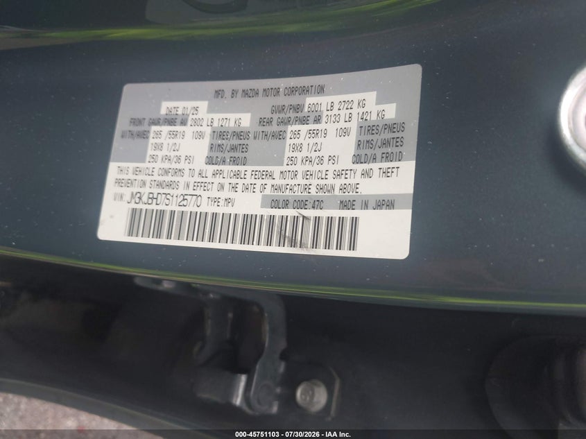 2025 Mazda Cx-70 VIN JM3KJBHD7S1125770 IAAI salvage auction — REAR END, Salvage Title, sold $12,500 on 2026-08-11 (photo 9)