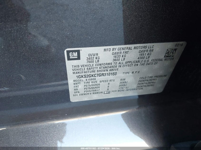 2016 Gmc Yukon VIN 1GKS2GKC7GR310160 IAAI salvage auction — REAR END, Salvage (California), sold $7,675 on 2026-08-21 (photo 9)