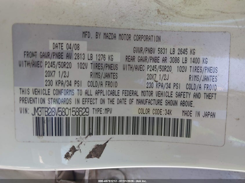 2008 Mazda Cx-9 VIN JM3TB28V580158629 IAAI salvage auction — NORMAL WEAR, Original (Texas), sold $650 on 2026-08-28 (photo 9)