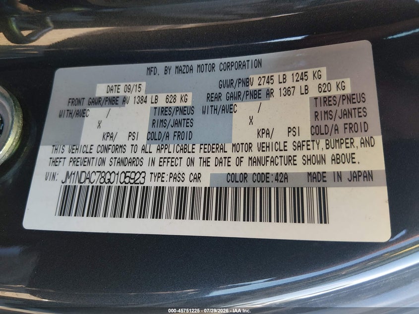 2016 Mazda Mx-5 VIN JM1NDAC78G0105923 IAAI salvage auction — FRONT END, Salvage Title, sold $1,900 on 2026-08-30 (photo 9)
