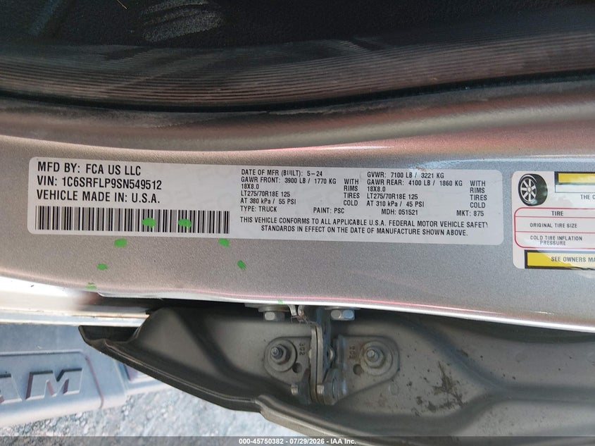2025 Ram 1500 VIN 1C6SRFLP9SN549512 IAAI salvage auction — FRONT END, Wait Title, sold $16,600 on 2026-09-16 (photo 9)
