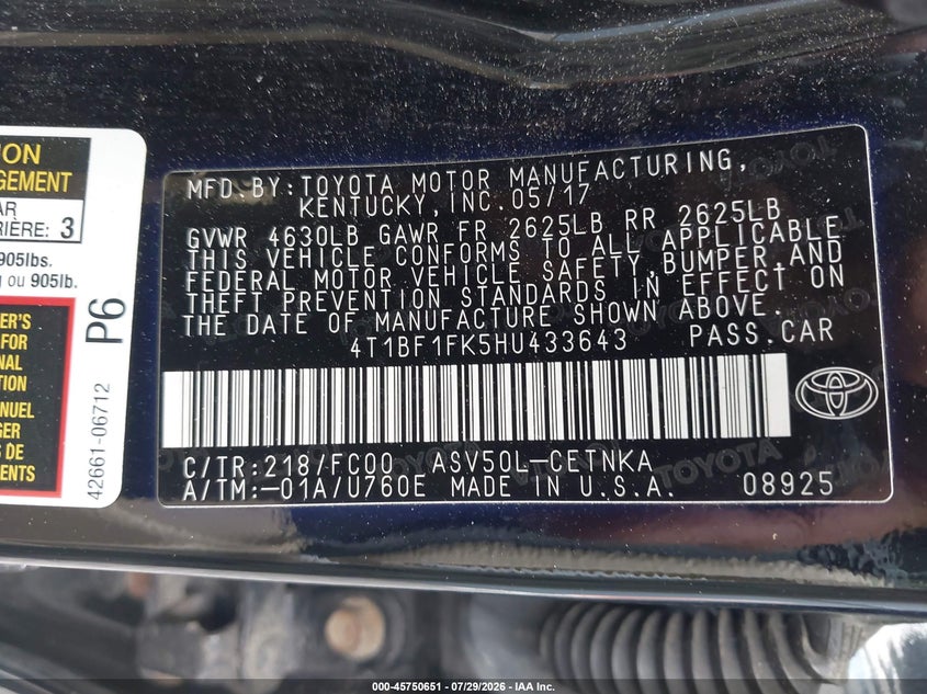 2017 Toyota Camry VIN 4T1BF1FK5HU433643 IAAI salvage auction — LEFT SIDE, Salvage (New Jersey), sold $3,425 on 2026-09-03 (photo 9)
