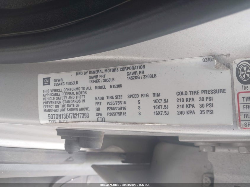 2007 Hummer H3 VIN 5GTDN13E478217393 IAAI salvage auction — NORMAL WEAR, Clear (Alabama), sold $875 on 2026-09-03 (photo 9)