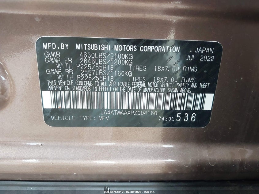 2023 Mitsubishi Eclipse cross VIN JA4ATWAAXPZ004160 IAAI salvage auction — FRONT END, Salvage Title, sold $5,775 on 2026-09-10 (photo 9)