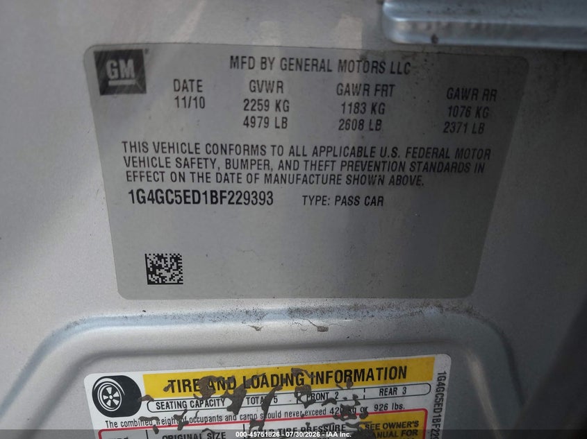 2011 Buick Lacrosse VIN 1G4GC5ED1BF229393 IAAI salvage auction — WATER/FLOOD, Salvage (Louisiana), sold $500 on 2026-09-14 (photo 9)
