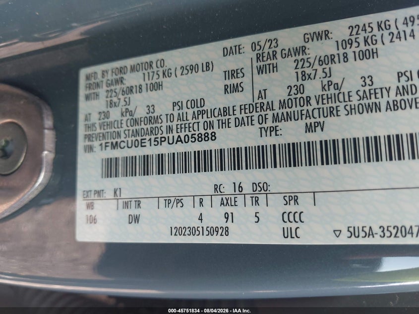 2023 Ford Escape VIN 1FMCU0E15PUA05888 IAAI salvage auction — REAR END, Salvage - Greater Than 75% (Maryland), sold $12,250 on 2026-08-24 (photo 9)